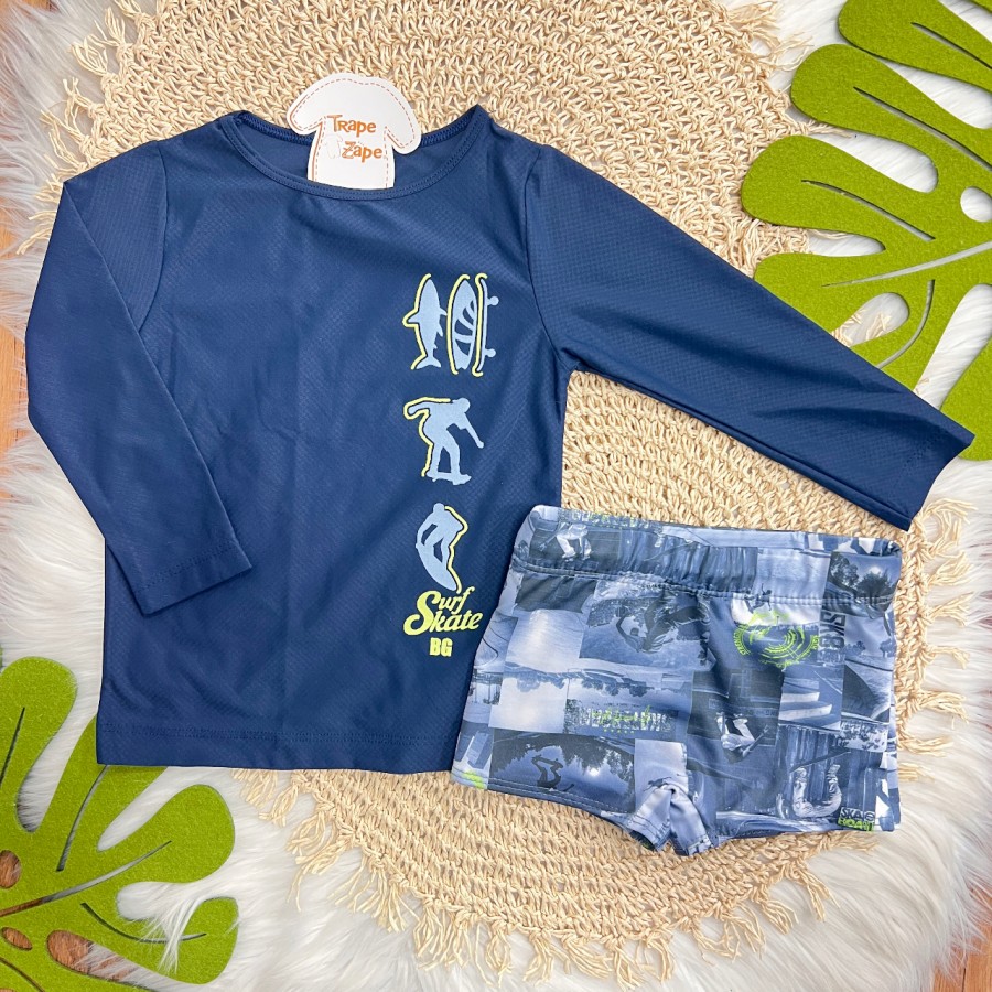 Linha Praia - Blusa Manga Longa Surf Skate e Sunga com Proteção UV50+ - Marinho